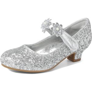 DREAM PAIRS Girls Mary Jane Dress Shoes Pumps Low Heels Flower Party Wedding Princess(Silver-glitter)