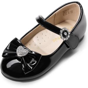 DREAM PAIRS Girls Mary Jane Dress Shoes for Toddler Heart Rhinestone Front Bow Ballerina Flat (Toddler/Little Kid)(Black-pat)
