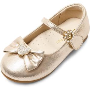 DREAM PAIRS Girls Mary Jane Dress Shoes for Toddler Heart Rhinestone Front Bow Ballerina Flat (Toddler/Little Kid)(Gold)