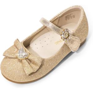 DREAM PAIRS Girls Mary Jane Dress Shoes for Toddler Heart Rhinestone Front Bow Ballerina Flat (Toddler/Little Kid)(Gold/Glitter)