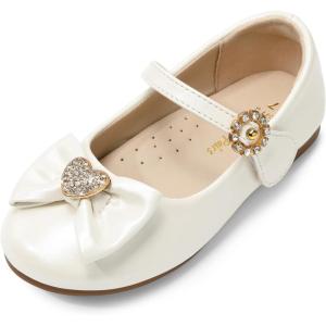 DREAM PAIRS Girls Mary Jane Dress Shoes for Toddler Heart Rhinestone Front Bow Ballerina Flat (Toddler/Little Kid)(Ivory/Pu)