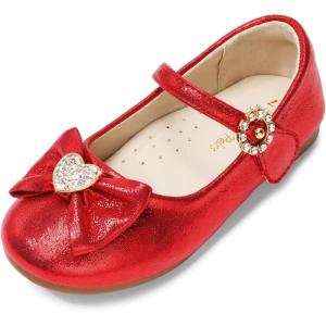 DREAM PAIRS Girls Mary Jane Dress Shoes for Toddler Heart Rhinestone Front Bow Ballerina Flat (Toddler/Little Kid)(Red)