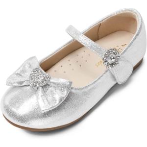 DREAM PAIRS Girls Mary Jane Dress Shoes for Toddler Heart Rhinestone Front Bow Ballerina Flat (Toddler/Little Kid)(Silver)