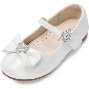 DREAM PAIRS Girls Mary Jane Dress Shoes for Toddler Heart Rhinestone Front Bow Ballerina Flat (Toddler/Little Kid)(White)