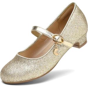 DREAM PAIRS Girls Mary Jane Low Heel Princess Flower Wedding Party Pump Dress Shoes(Gold)