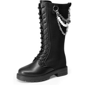 DREAM PAIRS Girls Riding Boots Knee High Side Zipper Mid Calf Shoes Little Kid/Big Kid(Black-knitting)