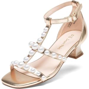DREAM PAIRS Girls Sandals Ankle Strap T-Strap Low Heel Pearl Flower Pump Dress Wedding Party Square Toe Shoes for Little Kid/Big Kid(Gold)