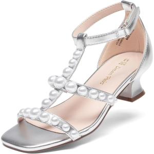 DREAM PAIRS Girls Sandals Ankle Strap T-Strap Low Heel Pearl Flower Pump Dress Wedding Party Square Toe Shoes for Little Kid/Big Kid(Silver)