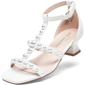 DREAM PAIRS Girls Sandals Ankle Strap T-Strap Low Heel Pearl Flower Pump Dress Wedding Party Square Toe Shoes for Little Kid/Big Kid(White)