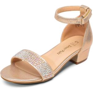 DREAM PAIRS Girls Sandals Low Heel Dress Pump Ankle Strap Interchangeable Bow Flower Wedding Party Shoes for Little Kid/Big Kid(Gold)