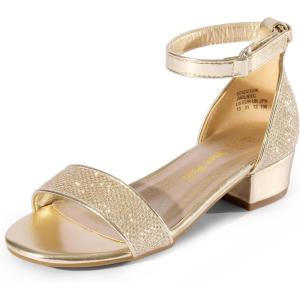 DREAM PAIRS Girls Sandals Low Heel Dress Pump Ankle Strap Interchangeable Bow Flower Wedding Party Shoes for Little Kid/Big Kid(Gold-glitter)