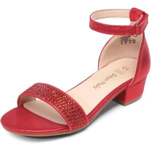 DREAM PAIRS Girls Sandals Low Heel Dress Pump Ankle Strap Interchangeable Bow Flower Wedding Party Shoes for Little Kid/Big Kid(Red)