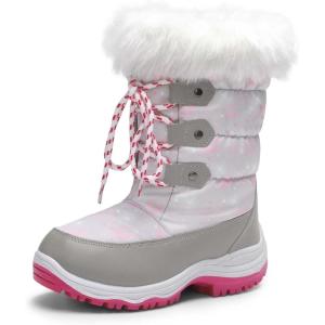 DREAM PAIRS Girls Snow Boots Warm Cozy Anti-Slip Lightweight Mid Calf Faux Fur Lining Winter Shoes for Little/Big Kids(Grey/Pink)