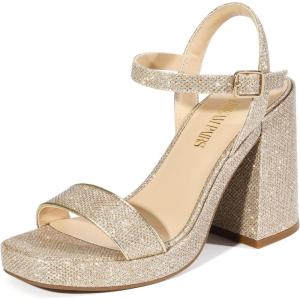 DREAM PAIRS Heels for Women Block Chunky Platform High Heels Open Toe GISELLE Fashion Wedding Party Evening Prom Dance Ankle Strap Dress Pump Sandals Shoes(Gold-glitter)