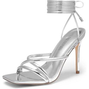 DREAM PAIRS Heels for Women Strappy High Stiletto Lace Up Heeled Sandals Square Open Toe Heels for Prom Party Dating(Silver-pu)