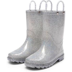 DREAM PAIRS Kids Rain Boots Glitter Boys Girls with Easy-on Handles Sparkly Waterproof Boots Outdoor Playing Rain Boots Unisex-Child(Silver)