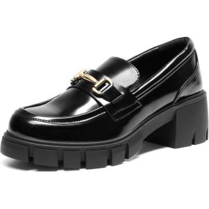 DREAM PAIRS Loafers for Women Platform Chunky Loafers Slip On Casual Shoes(Black-pat)