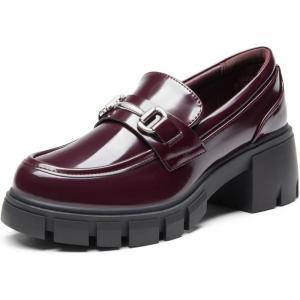 DREAM PAIRS Loafers for Women Platform Chunky Loafers Slip On Casual Shoes(Burgundy-pat)
