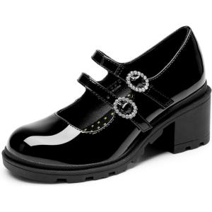DREAM PAIRS Mary Jane Shoes for Girls Platform School Uniform Party Chunky Dress Heel Double Straps Flats for Little Big Kid(Black)
