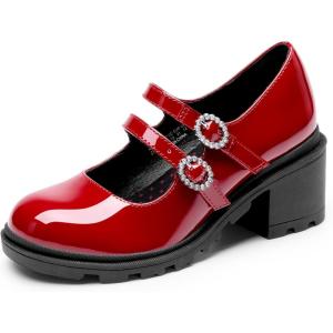 DREAM PAIRS Mary Jane Shoes for Girls Platform School Uniform Party Chunky Dress Heel Double Straps Flats for Little Big Kid(Red)