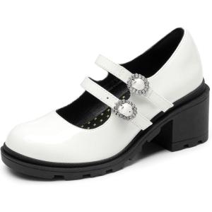 DREAM PAIRS Mary Jane Shoes for Girls Platform School Uniform Party Chunky Dress Heel Double Straps Flats for Little Big Kid(White)