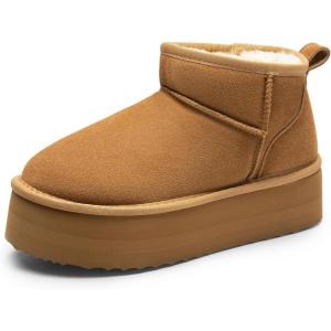 DREAM PAIRS Platform Mini Boots for Women Suede Genuine Leather, Classic Winter Ankle Snow Boots with Memory Foam Insole Lightweight Anti-Slip Outsole FuzzyClassic(Chestnut)