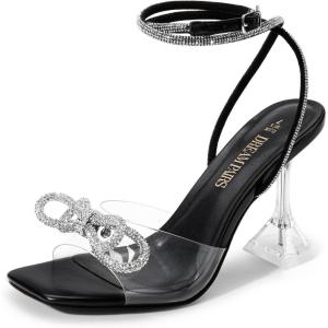 DREAM PAIRS Stiletto Bow Heels for Women Strappy Sparkly Rhinestone Square Toe Clear Crystal High Sandals for Party Wedding(Black-pu)