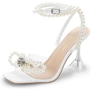 DREAM PAIRS Stiletto Bow Heels for Women Strappy Sparkly Rhinestone Square Toe Clear Crystal High Sandals for Party Wedding(White-pearl)