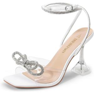 DREAM PAIRS Stiletto Bow Heels for Women Strappy Sparkly Rhinestone Square Toe Clear Crystal High Sandals for Party Wedding(White-pu)