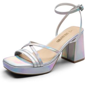 DREAM PAIRS Strappy Heels for Women Platform Chunky High 3-inch Heeled Sandals with Square Open Toe Ankle Buckle for Graduation Party Prom Daily Wedding(Silver-pu)