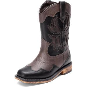 DREAM PAIRS Toddler Cowboy Boots Cowgirl Boots for Girls Square Toe Mid Calf Boys Western Fashion Riding Shoes for Toddler/Little Kid/Big Kid(Brown/Black)