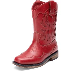 DREAM PAIRS Toddler Cowboy Boots Cowgirl Boots for Girls Square Toe Mid Calf Boys Western Fashion Riding Shoes for Toddler/Little Kid/Big Kid(Red)