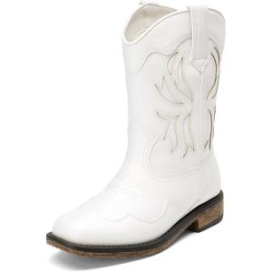 DREAM PAIRS Toddler Cowboy Boots Cowgirl Boots for Girls Square Toe Mid Calf Boys Western Fashion Riding Shoes for Toddler/Little Kid/Big Kid(White)