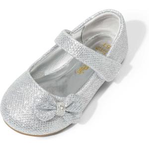 DREAM PAIRS Toddler Girls Dress Shoes Mary Jane Flats, Girls School Uniform Flats Bow Ballerina Shoes(Silver/Glitter)