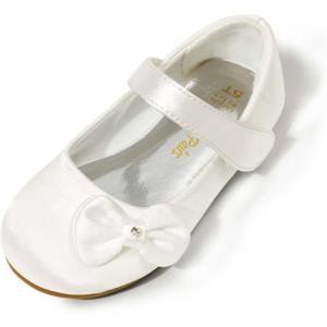 DREAM PAIRS Toddler Girls Dress Shoes Mary Jane Flats, Girls School Uniform Flats Bow Ballerina Shoes(White/Satin)
