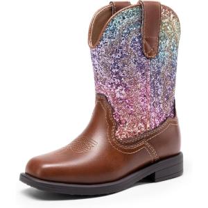 DREAM PAIRS Toddler Little Boys Girls Cowboy Boots Kids Western Square Toe Riding Mid Calf Boots(Brown/Multi)