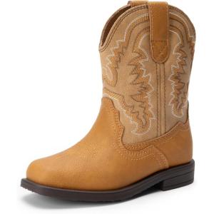 DREAM PAIRS Toddler Little Boys Girls Cowboy Boots Kids Western Square Toe Riding Mid Calf Boots(Camel/Light Brown)