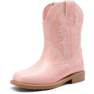 DREAM PAIRS Toddler Little Boys Girls Cowboy Boots Kids Western Square Toe Riding Mid Calf Boots(Pink)