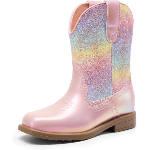 DREAM PAIRS Toddler Little Boys Girls Cowboy Boots Kids Western Square Toe Riding Mid Calf Boots(Pink/Rainbow)