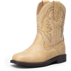 DREAM PAIRS Toddler Little Boys Girls Cowboy Boots Kids Western Square Toe Riding Mid Calf Boots(Sand)