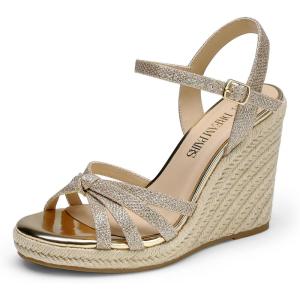 DREAM PAIRS Wedge Sandals for Women Dressy Summer, Platform Espadrille Strappy Casual Braided Heels Comfortable with Open Toe and Ankle Strap(Gold-glitter)