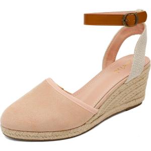 DREAM PAIRS Women’s Ankle Strap Closed Toe Espadrille Wedge Heels Sandals(Nude)