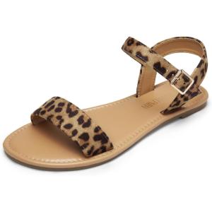 DREAM PAIRS Women’s Ankle Strap Flat Sandals Open Toes One Band Buckle Summer Dressy Sandals(Leopard)