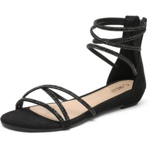 DREAM PAIRS Women’s Ankle Strap Flat Sandals Summer Dressy Strappy Gladiator Rhinestones Sandals(Black)