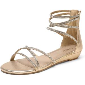 DREAM PAIRS Women’s Ankle Strap Flat Sandals Summer Dressy Strappy Gladiator Rhinestones Sandals(Gold)