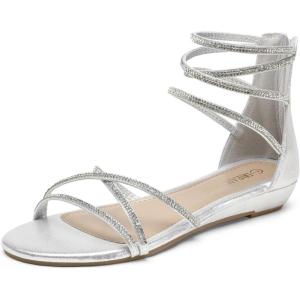 DREAM PAIRS Women’s Ankle Strap Flat Sandals Summer Dressy Strappy Gladiator Rhinestones Sandals(Silver)