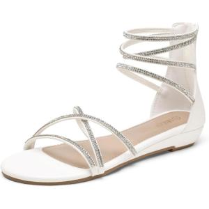 DREAM PAIRS Women’s Ankle Strap Flat Sandals Summer Dressy Strappy Gladiator Rhinestones Sandals(White)