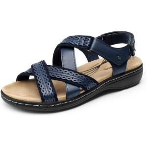 DREAM PAIRS Women’s Arch Support Sandals Comfortable Open Toe Dress Flats Walking Sandals For Summer(Navy)