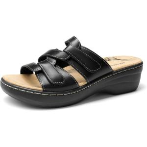 DREAM PAIRS Women’s Arch Support Slide Sandals Adjustable Straps Slip On Wedge Sandals Casual Comfort Lightweight Flat Slides(Black)