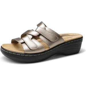 DREAM PAIRS Women’s Arch Support Slide Sandals Adjustable Straps Slip On Wedge Sandals Casual Comfort Lightweight Flat Slides(Pewter)
